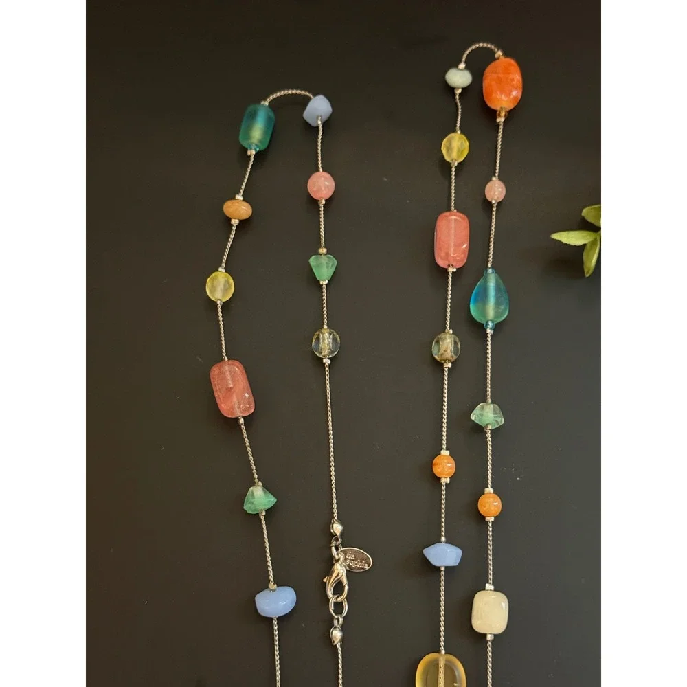 Lia Sophia Multi Color Bead Station Necklace Silver Tone Long 38 Inch Boho